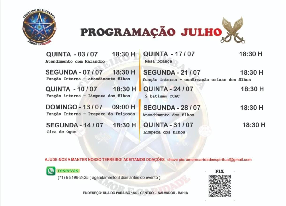 Programação de Julho - Terreiro Amor e Caridade